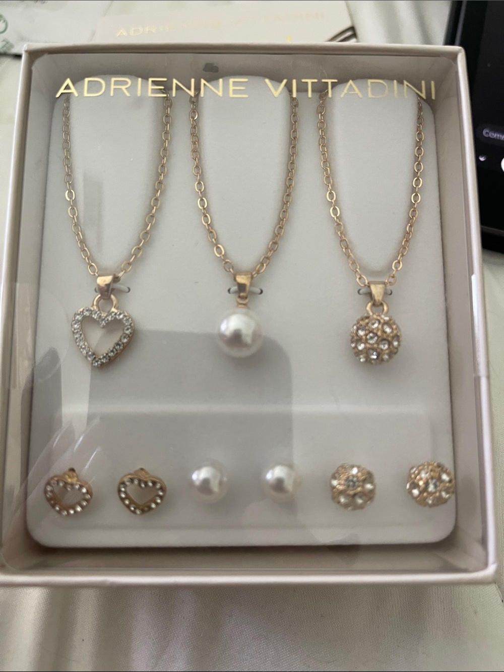 Adrienne Vittadini Gold-tone Heart, Pearl & Crystal Necklace and Earring Set